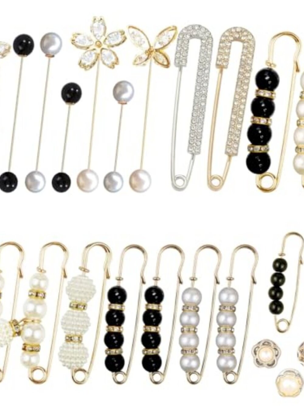 24 Pieces Pearl Crystal Brooch Safety Pins Button Pins Pant Waist Tightener Pins